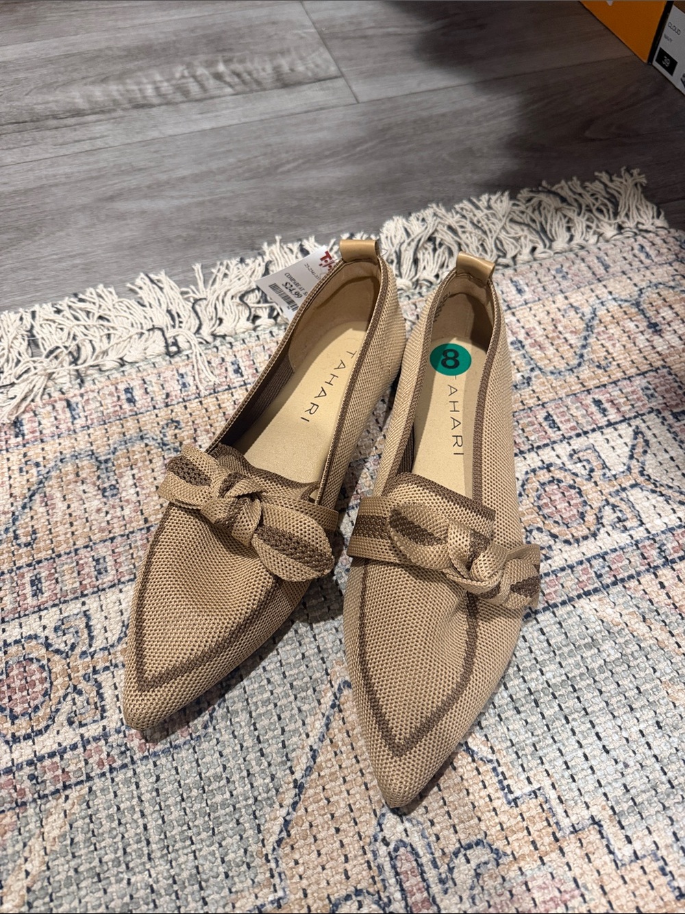 Tahari Beige Pointed-Toe Bow Slip-On Flats